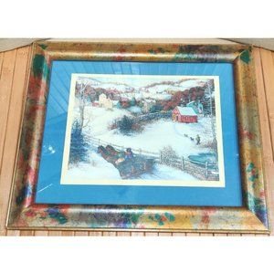 2004 Linda L Nelson Framed Matted Print Folk Art Country Winter Carriage 10x12"